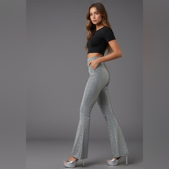 Silver High Waist Flare Leg Metallic Pants - Picture 3 of 9